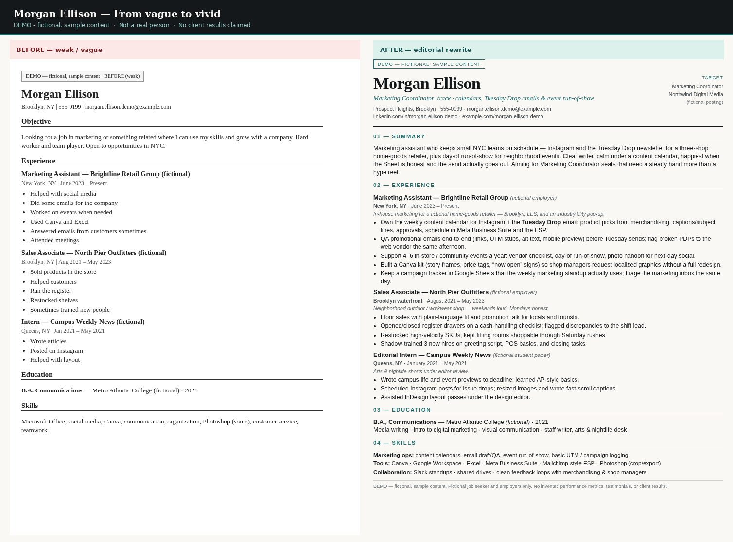 Before and after resume comparison — DEMO fictional